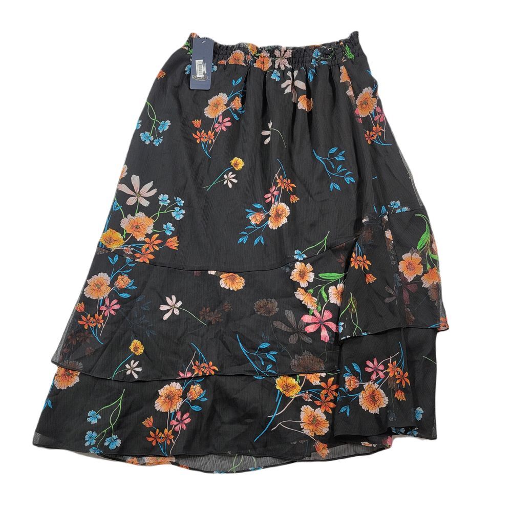Rachel Roy Ruffled MIDI Skirt Womens Medium Diletta‎ Black Combo May Floral NEW